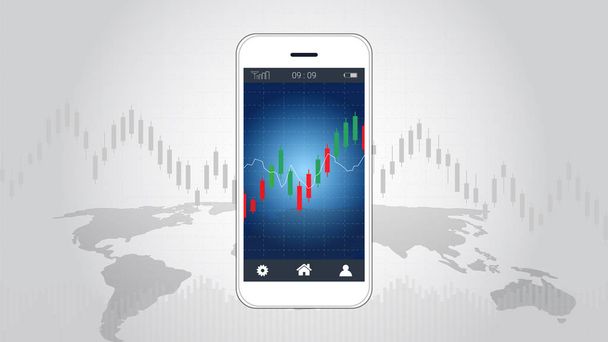 Pantalla de teléfono inteligente que muestra gráficos financieros y de velas escalando la plantilla de presentaciones, conexión a la red global y análisis de negocios, concepto de inversión bursátil Forex
. - Vector, imagen