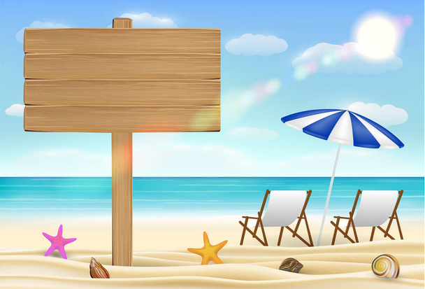 wood board sign on sea sand beach with relax chair - Vector, Image