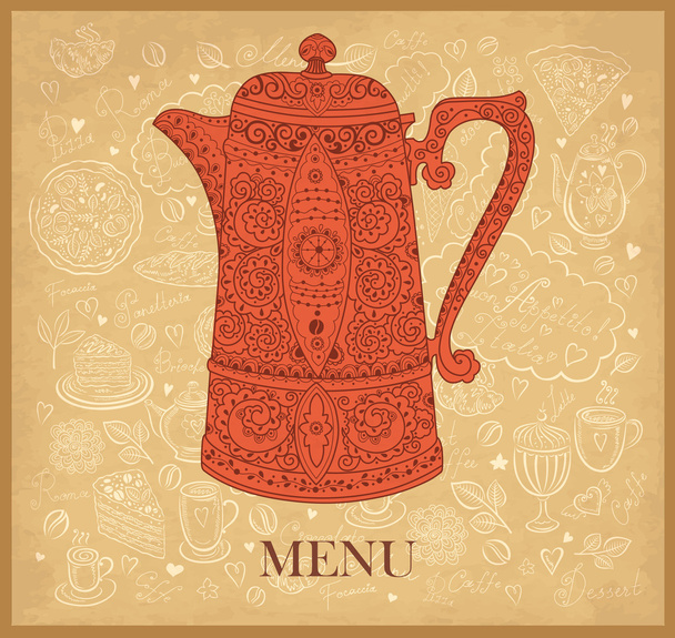 Pastel vintage floral card with ornamental coffeepot - Вектор,изображение