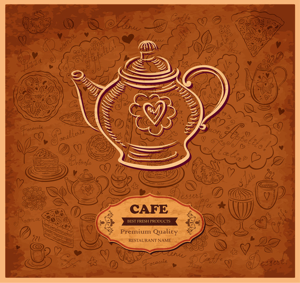 Teapot with retro background for design menu - Vector, afbeelding