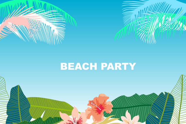 Пляжна вечірка картки. Ретро дизайн з пальмового листя, тропічний fowers і рожевий фламінго.  - Вектор, зображення