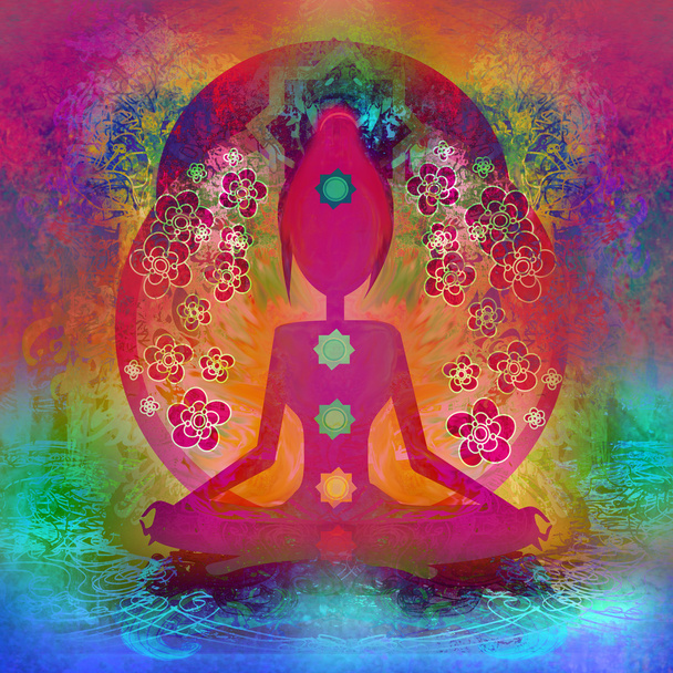 Yoga lotus pose. Padmasana with colored chakra points. - Foto, Bild
