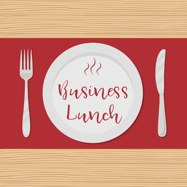 Business lunch concept. Plate with the red text "Business Lunch" on a wooden background. There is also a fork and a knife in the picture. Vector illustration - Vektori, kuva