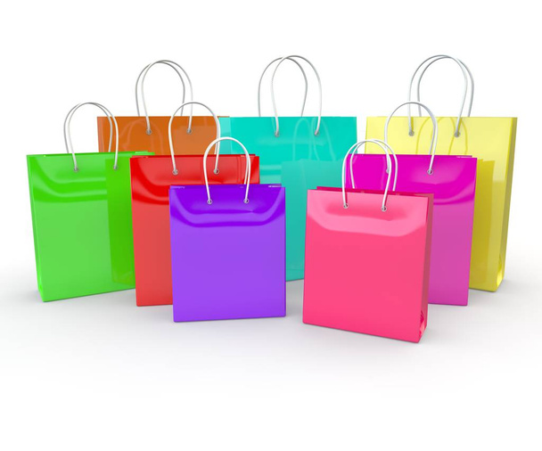 Multicolored empty bags for goods and products on a white isolated background - Foto, Imagen