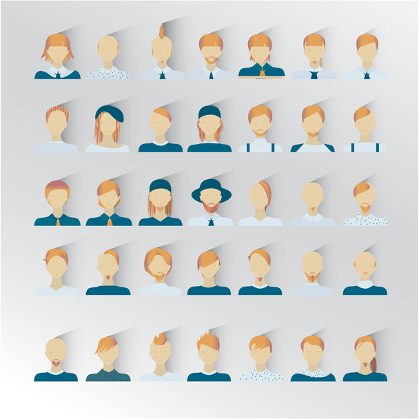 cabello rubio masculino, rostros humanos redes sociales iconos vector ilustración 35 iconos con otro peinado. piso
 .  - Vector, imagen