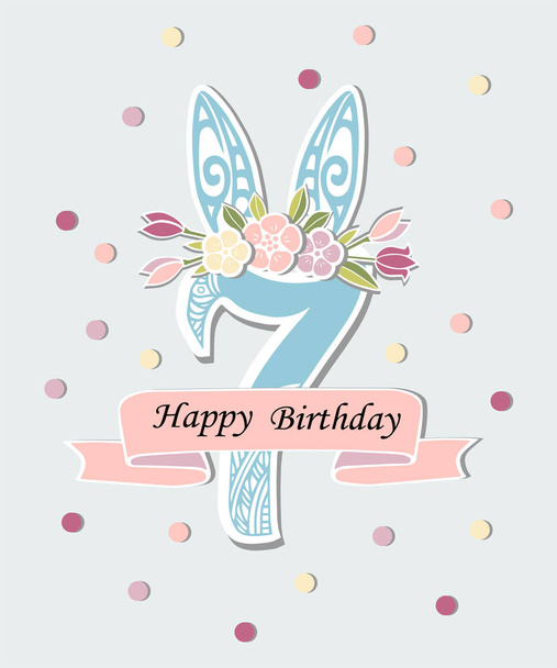 Vector illustration with number Seven, Bunny ears and flower wreath. Template for Birthday, party invitation, greeting card, pet shop. Cute Number Seven as seventh year anniversary logo, patch, sticker - Wektor, obraz
