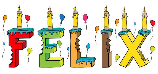 Felix nombre masculino mordido colorido 3d letras pastel de cumpleaños con velas y globos
 - Vector, Imagen