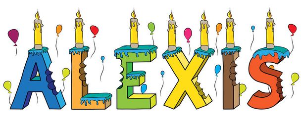 Алексіс чоловіче ім'я вкусила барвисті 3d написи день народження торт зі свічками і повітряні кулі - Вектор, зображення
