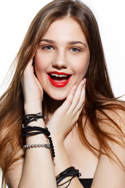 beautiful girl with red lips - 写真・画像