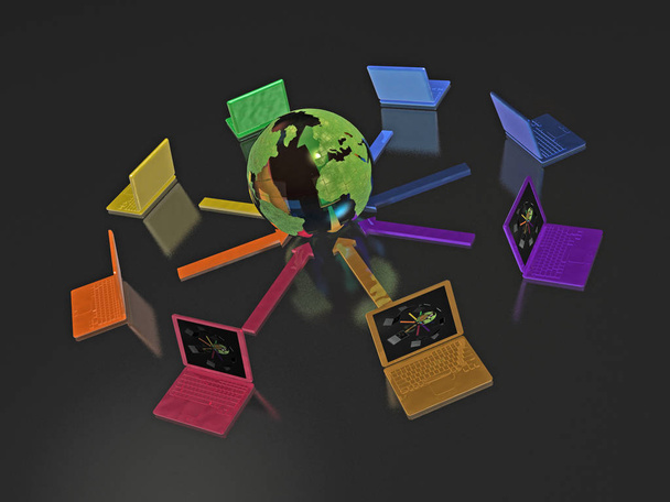 Network - notebooks and globe on black background, 3D illustration. - Zdjęcie, obraz