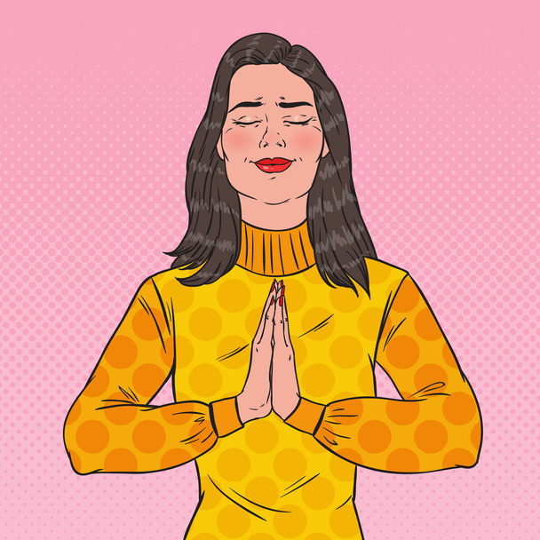 Pop Art Joyful Pretty Woman Praying. Happy Female Prayer. Vector illustration - Vector, Image