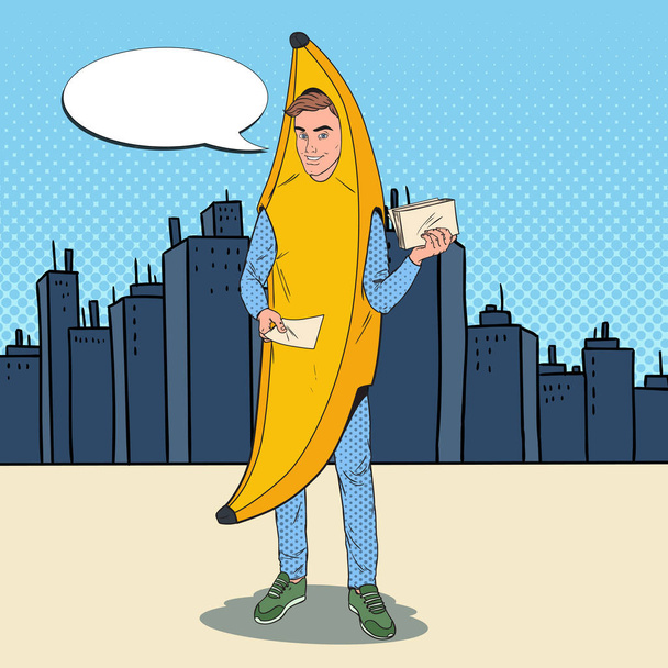 Pop Art junger männlicher Promoter mit Werbeflyern. Mann im Bananenkostüm. Ein jugendlicher fröhlicher Typ, der in den Straßen der Stadt für etwas wirbt. Vektorillustration - Vektor, Bild