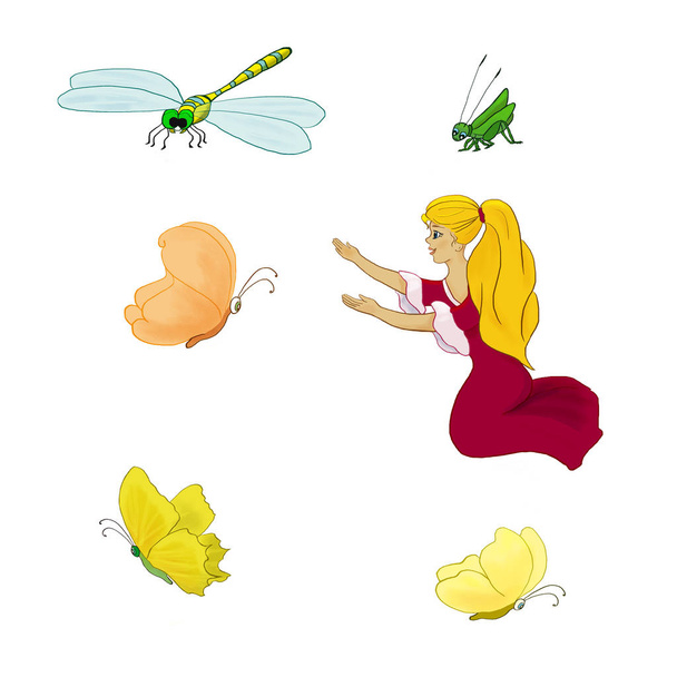 Дюймовочка, бабочка, кузнечик, стрекоза изолирована / Дюймовочка, бабочка, кузнечик, стрекоза на белом фоне
 - Фото, изображение