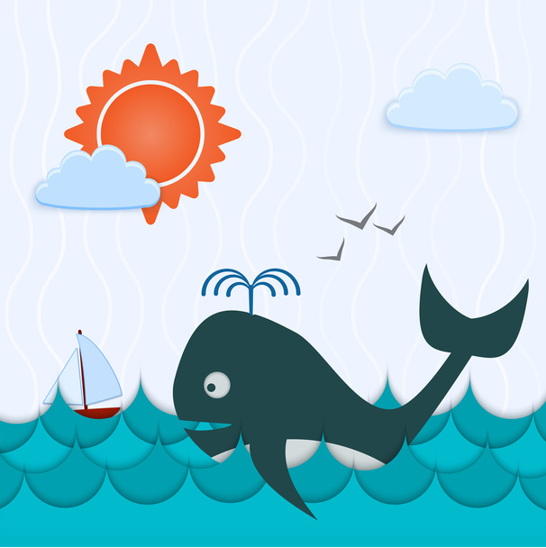 Vector background with whale and boat. - Vector, Image