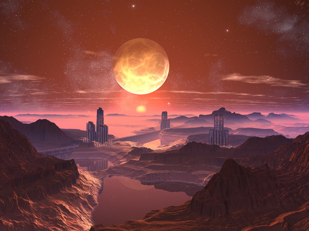 Three Futuristic Towered Cities with Moon at Sunse - Foto, afbeelding