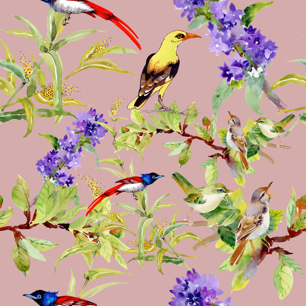  seamless pattern with birds on violet flowers  - Фото, изображение