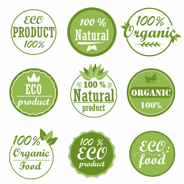 Egészséges, bioélelmiszerek címkéjén és a magas minőségű termék jelvények halmaza. Környezetbarát, 100 % szerves és természetes termék ikonok. Gyűjtemény matricák a kávézó, csomagolás stb. - Fotó, kép