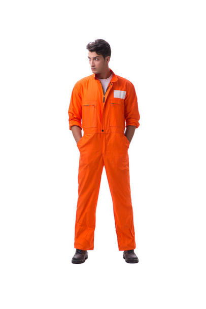 Prisionero en bata naranja aislado sobre fondo blanco - Foto, Imagen