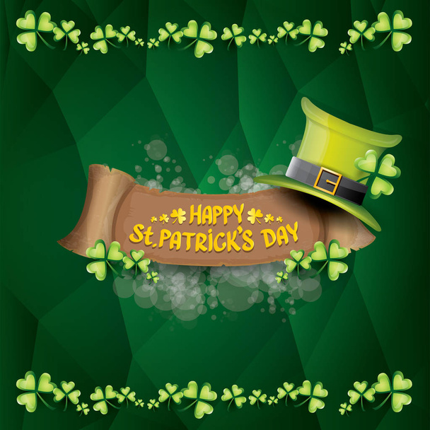 Vektor Happy Saint Patricks Day Etikett oder Poster mit grünem Hut, Glücksklee und Vintage-Schleife auf abstrakt grünem Hintergrund. Vektor Heiliger Patriks Tag Banner - Vektor, Bild