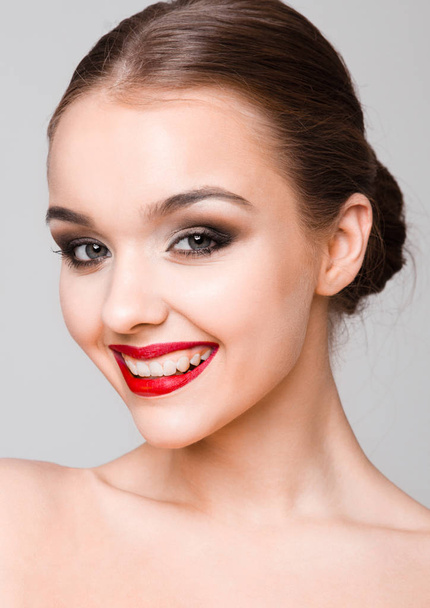 Beautiful woman beauty make up with red lips - 写真・画像