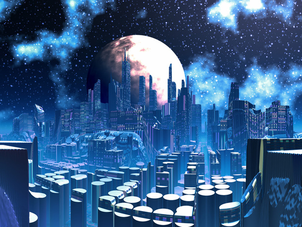 Futurista ciudad alienígena construida sobre pilones de apoyo
 - Foto, Imagen