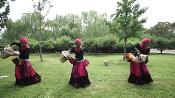 Három afrikai nők a népi tánc tánc hagyományos viseletek, egy réten, kosárral - Felvétel, videó