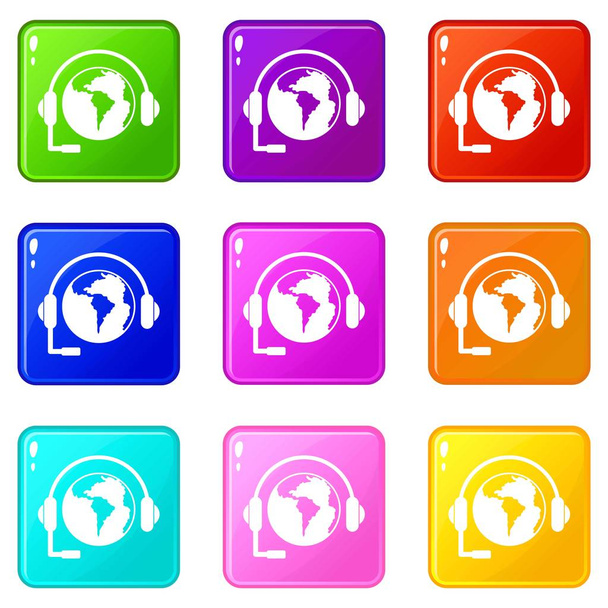 World planet and headset icons 9 set - Διάνυσμα, εικόνα