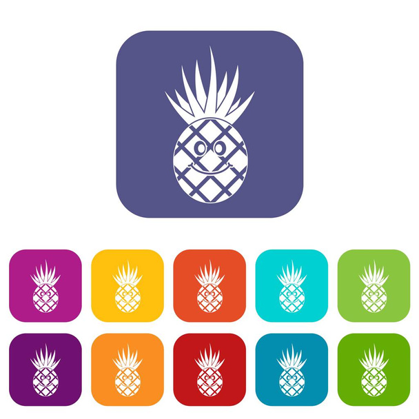 Smiling pineapple icons set flat - Vector, Image