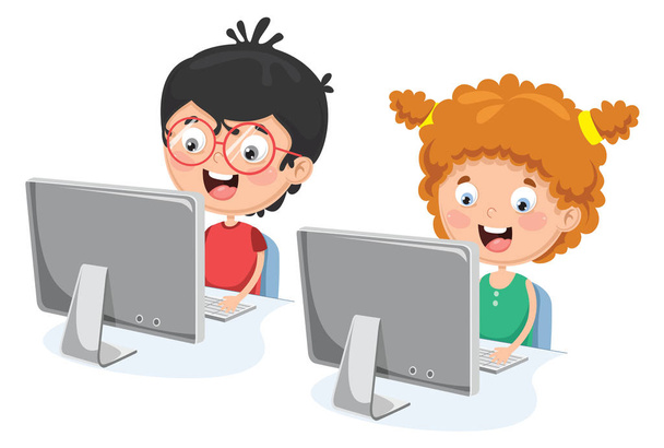 コンピューターを持つ子供のベクトル イラスト - ベクター画像