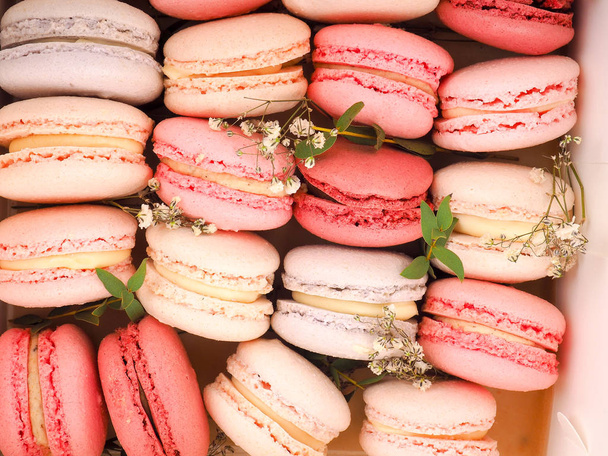 Colorful macaroons, Colorful french dessert, traditional french colorful macarons in a rows in a box - Photo, Image