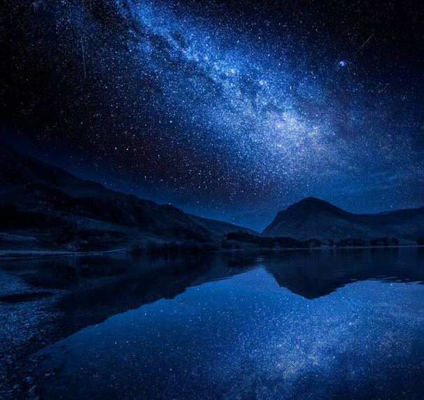 Milky way and stars reflection in lake, District Lake, England - Fotó, kép