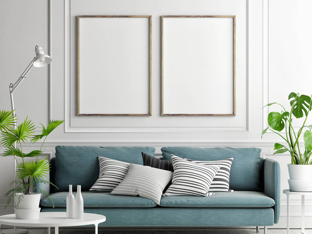 Mock up posters, pastel comfortable sofa, Living room style, 3d render, 3d illustration - Foto, Imagen