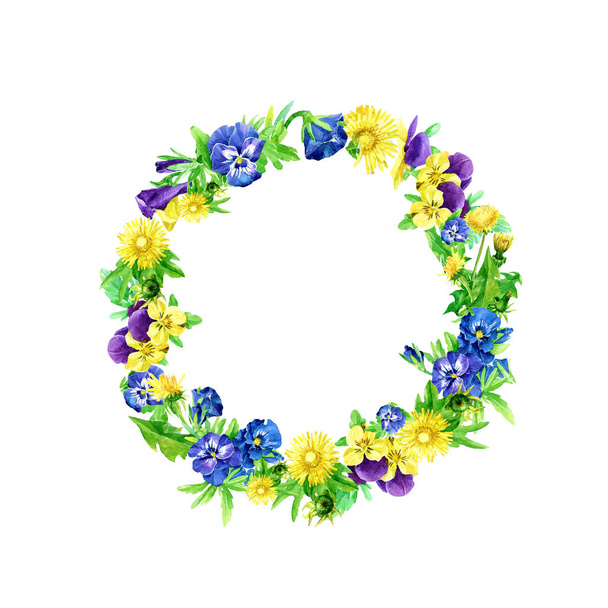 Круглий каркасний вінок з кульбаби і фіолетових квітів, пофарбованих в акварель
. - Фото, зображення