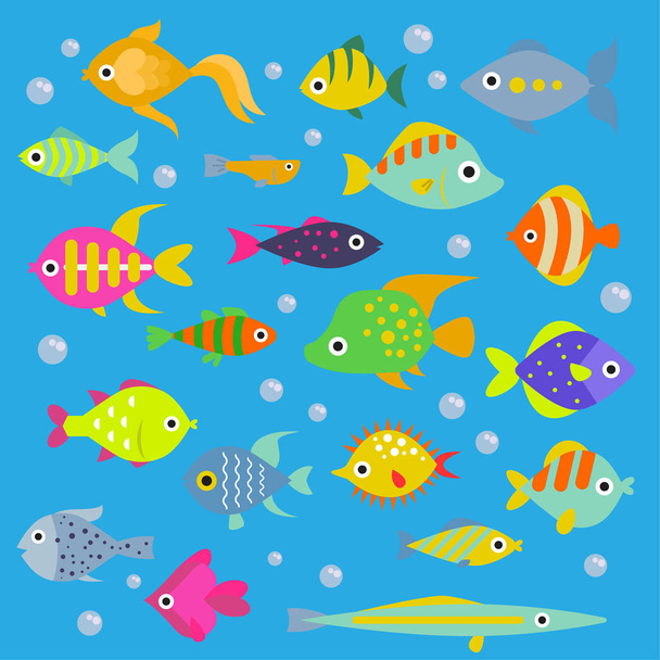 Aquarium flat fish vector ocean breeds underwater bowl tropical aquatic animals water nature pet characters illustration. Beautiful swimfish freshwater nautical seaside decorative icons - Vektör, Görsel