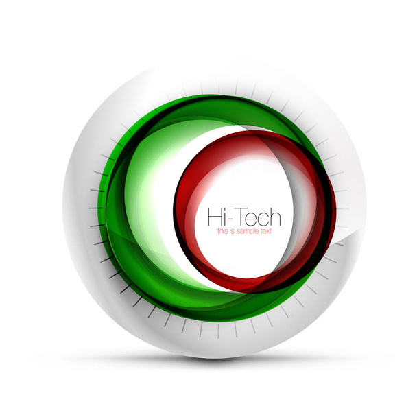 Banner web digital tecno esfera, botón o icono con texto. Diseño de círculo abstracto de color remolino brillante, símbolo futurista de alta tecnología con anillos de color y elemento metálico gris
 - Vector, imagen