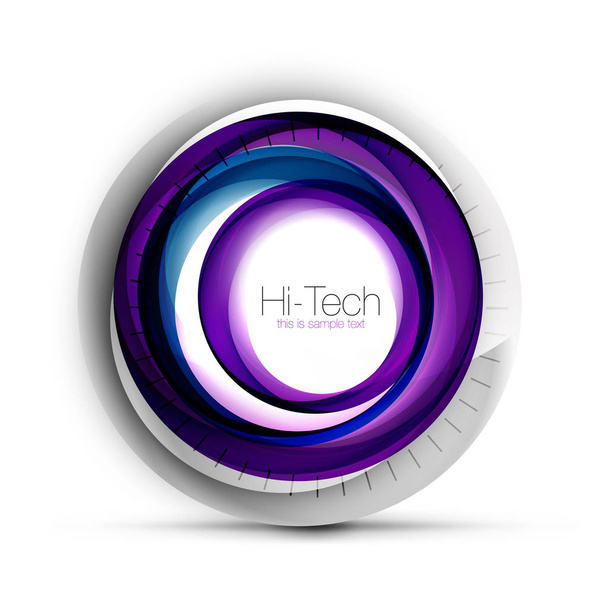 Digitální techno koule web banner, tlačítko nebo ikonu s textem. Lesklá spirála barva abstraktní kruh design, hi-tech futuristické symbol s barevných kroužků a šedý kovový prvek - Vektor, obrázek