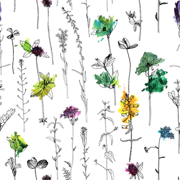 patrón sin costuras con el dibujo de hierbas y flores - Vector, imagen