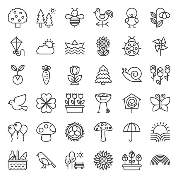 Picnic, nature and spring icon set, such as picnic basket, floral, bird, rainbow, bird nest, playing kite, sun raising, outline icon - Vector, Image