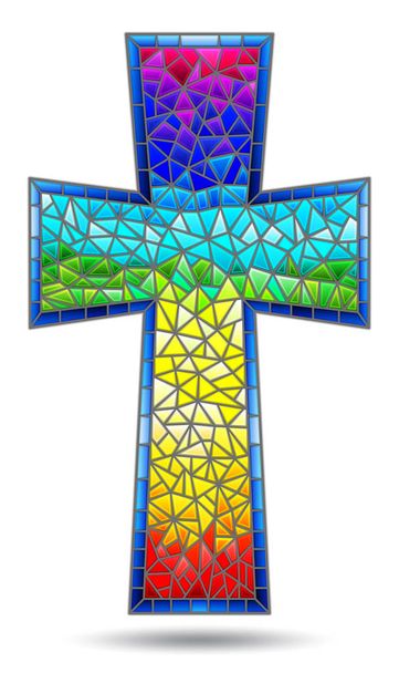La ilustración en pintura de estilo vidriera sobre temas religiosos, vitral en forma de cruz cristiana arco iris, aislado sobre fondo blanco
 - Vector, Imagen