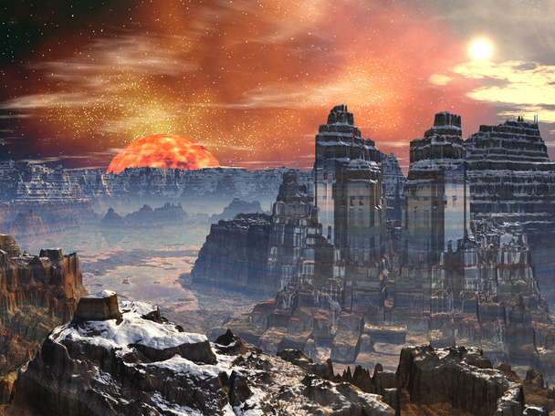 Deux temples dans la vallée sur Alien World
 - Photo, image