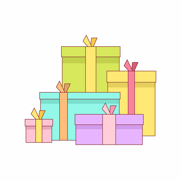 Gran pila de coloridas cajas de regalo envueltas. Un montón de regalos, sorpresas. aislado sobre fondo blanco
 - Vector, Imagen
