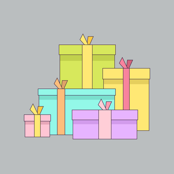 Gran pila de coloridas cajas de regalo envueltas. Un montón de regalos, sorpresas. aislado sobre fondo gris
 - Vector, Imagen