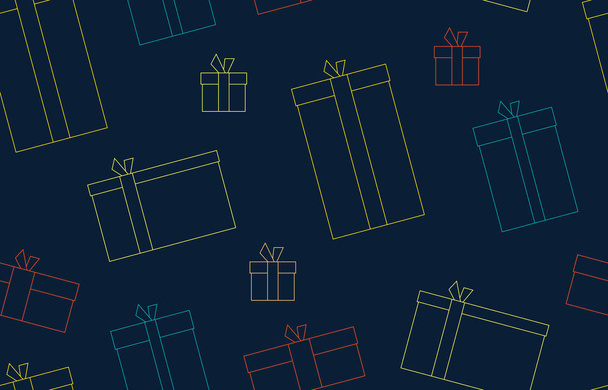 Geschenkboxen. Geschenke, Überraschungen. nahtlose Muster, dünne Linien Stil. isoliert auf dunklem Hintergrund - Vektor, Bild
