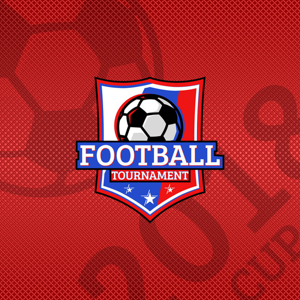 2018 Futbol Kupası logosu, futbol topu Rusya Ulusal renkleri bayrağı üzerinde spor amblemi, şampiyonluk kırmızı arka plan - Vektör, Görsel