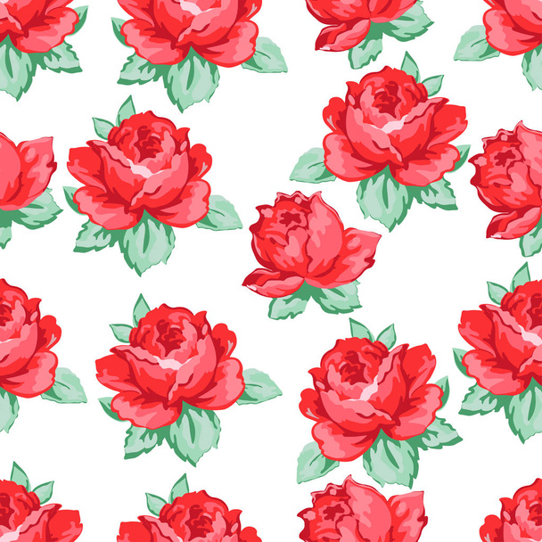 Rose flower hand drawing seamless pattern, vector floral background, floral embroidery ornament. Drawn buds red rose flower and leaves on white backdrop. For fabric design, wallpapers, decorating - Vector, Image
