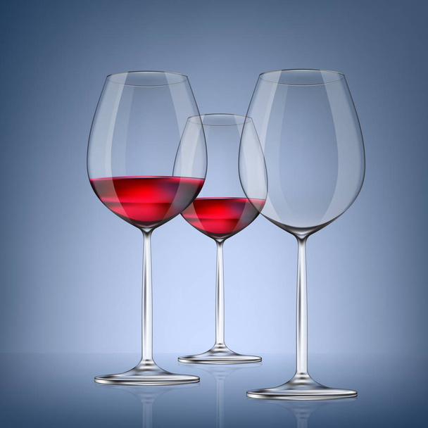 Transparantie wijn glas. Leeg en vol. 3D-realisme, vector pictogram.  - Vector, afbeelding