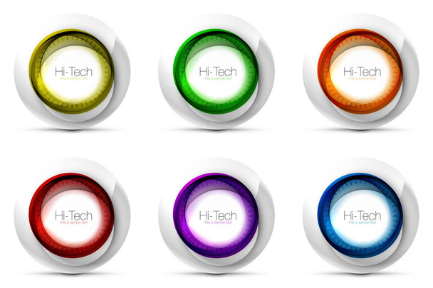 Conjunto de esferas digitales techno - banners web, botones o iconos con texto. Diseño de círculo abstracto de color brillante remolino, símbolos futuristas de alta tecnología con anillos de color y elemento metálico gris
 - Vector, imagen