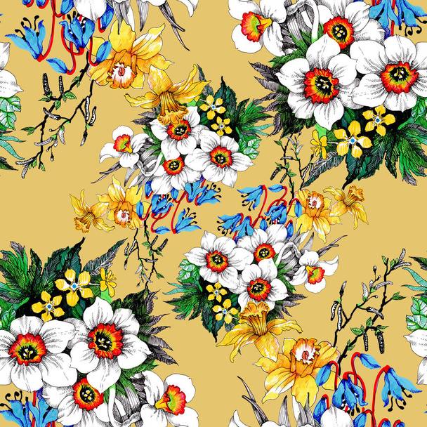 Watercolor hand drawn seamless pattern with beautiful colorful flowers - Zdjęcie, obraz