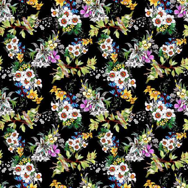  seamless pattern with beautiful colorful flowers and birds - Valokuva, kuva