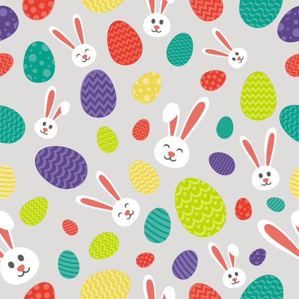 Seamless pattern with white bunnies and colorful eggs. Vector. - Wektor, obraz